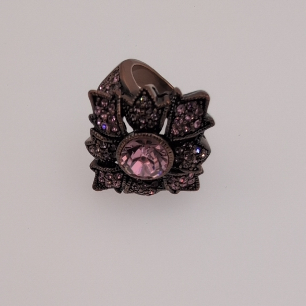 La Vintage Pink and Bronze Stunning Statement Floral Crystal Ring Size 6 - Picture 4 of 7